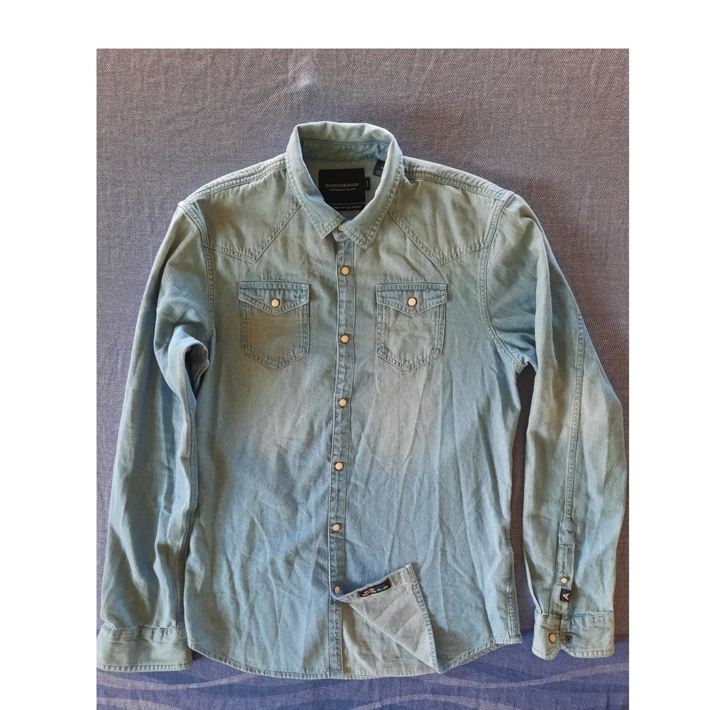 Scotch & Soda Amsterdams Blauw Men Medium Slim Western Pearl Snap Chambray Shirt